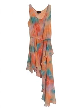 Pastel Watercolor Asymmetrical Ruffle Spring Vacation Flowy Dress S